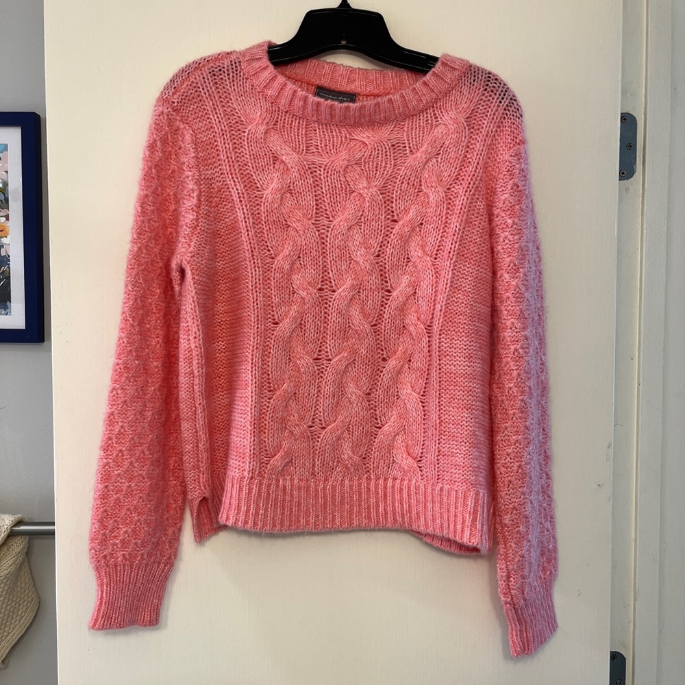 Wooden Ships Wool, Mohair Blend Pink Crew Neck Cable Knit Sweater Sz S/M - Picture 2 of 6